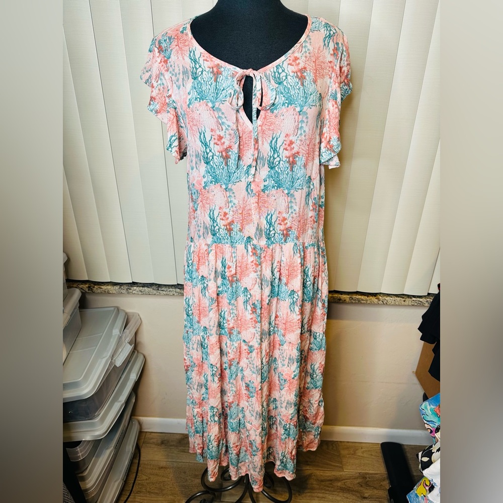 Stitch Chenault Coral Coastal Cap Sleeve Lined Drop Waist Dress Size Large